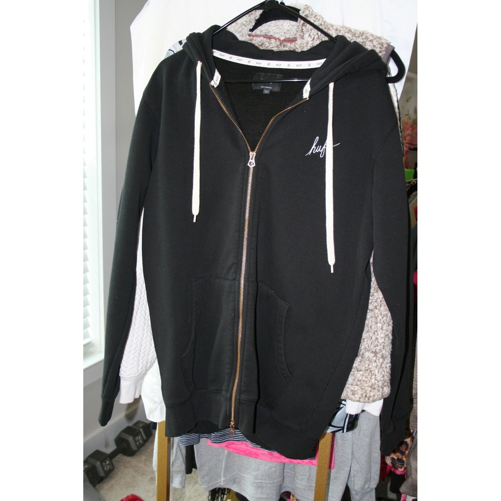 HUF Worldwide Mens Black Fleeze Lined Full Zip Hoodie Embroidered Logo Large